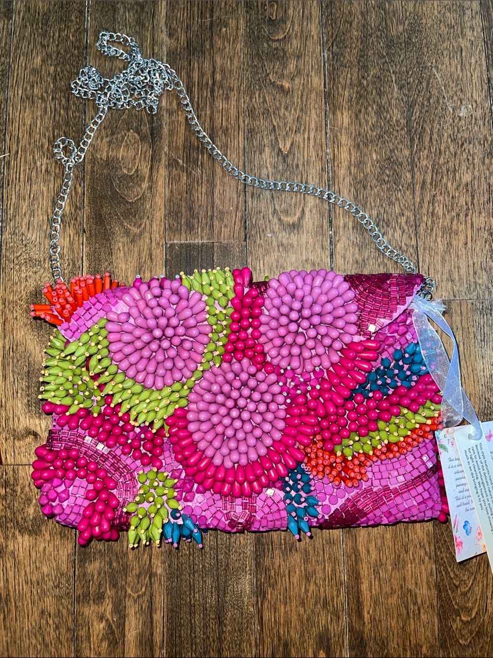 NEW Vibrant Pink Beaded Floral Clutch Shoulder Bag